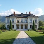 Molde történelmi villa, gyönyörű kertrésszel és háttérben hegyekkel