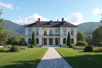 Molde történelmi villa, gyönyörű kertrésszel és háttérben hegyekkel