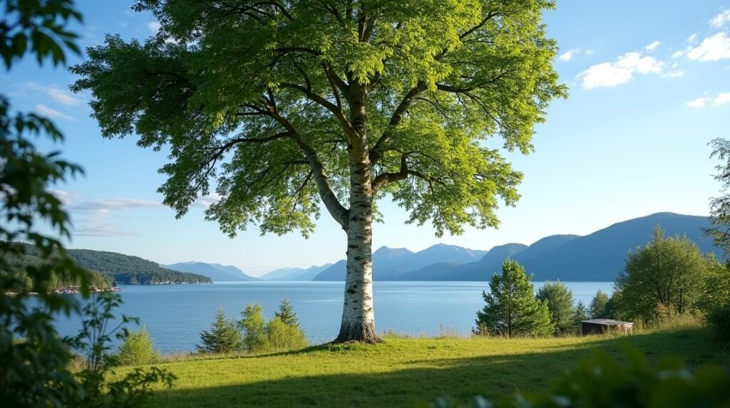 A Királyi nyírfa Molde festői tengerparti panorámájával.