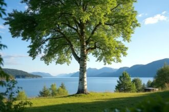 A Királyi nyírfa Molde festői tengerparti panorámájával.