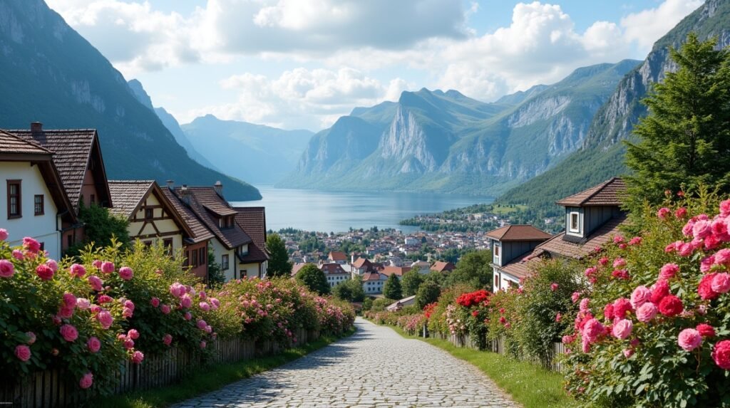 Gyönyörű táj Molde virágokkal a Rózsák Városában, Norvégiában.