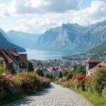 Gyönyörű táj Molde virágokkal a Rózsák Városában, Norvégiában.