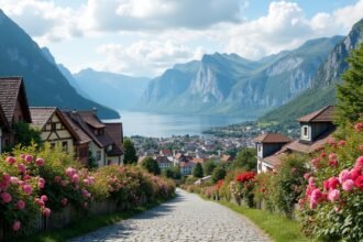 Gyönyörű táj Molde virágokkal a Rózsák Városában, Norvégiában.