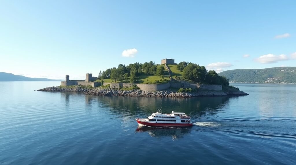 Hajó Munkholmen szigete felé Trondheim közelében, Norvégia