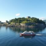 Hajó Munkholmen szigete felé Trondheim közelében, Norvégia