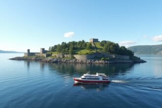 Hajó Munkholmen szigete felé Trondheim közelében, Norvégia