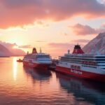 Hurtigruten hajók a Molde kikötőjében naplementében