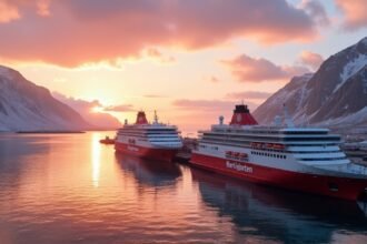 Hurtigruten hajók a Molde kikötőjében naplementében