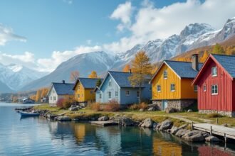 Festői tóparti házak Molde közelében, Norvégia hegyekkel a háttérben.