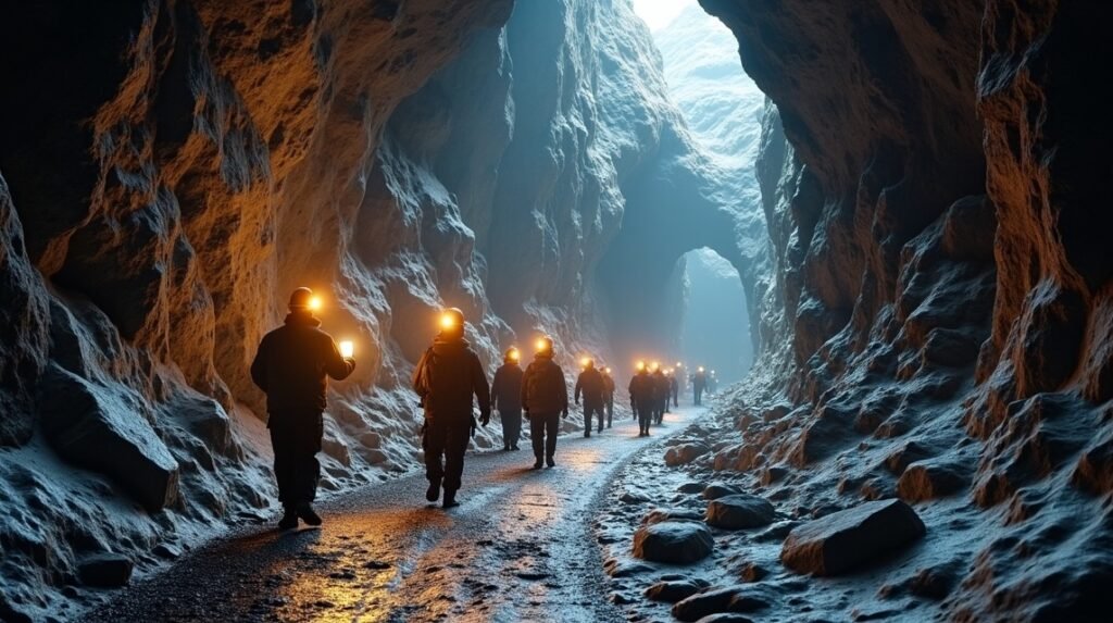 Túrázók a Kongsbergi Ezüstbányák mélyén, világító lámpákkal