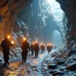 Túrázók a Kongsbergi Ezüstbányák mélyén, világító lámpákkal