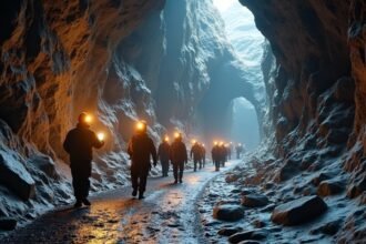 Túrázók a Kongsbergi Ezüstbányák mélyén, világító lámpákkal