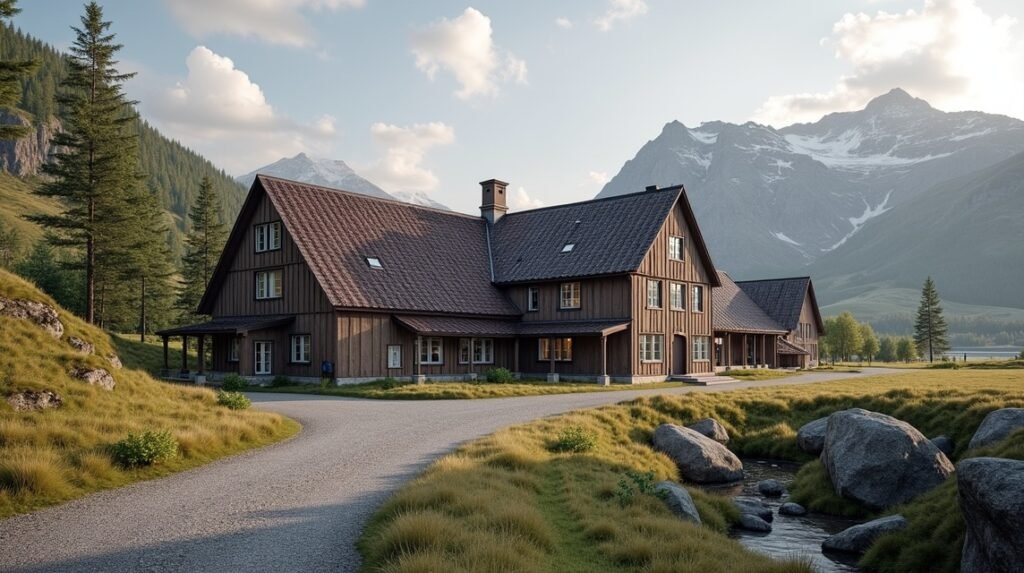 Kongsberg Norvég Bányászati Múzeum épülete lenyűgöző hegyvidéki környezetben