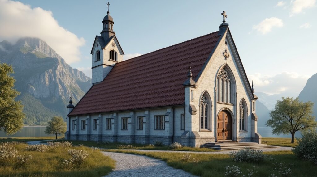 Kongsberg templom barokk stílusban, festői környezetben.