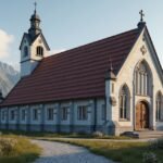 Kongsberg templom barokk stílusban, festői környezetben.