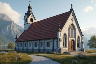 Kongsberg templom barokk stílusban, festői környezetben.