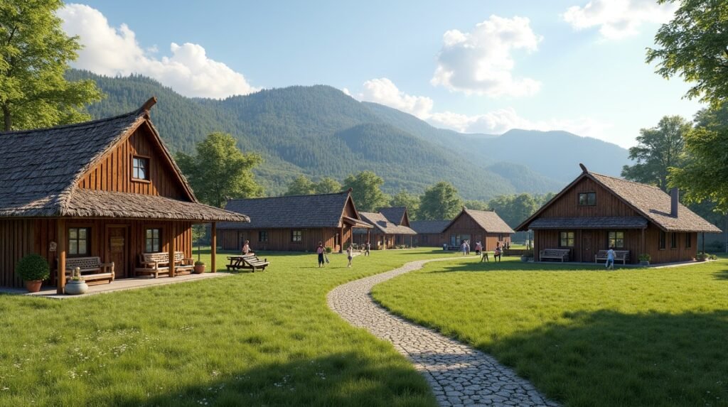 Szabadtéri múzeum Kongsbergben, régi parasztházak és hegyek környezetében.