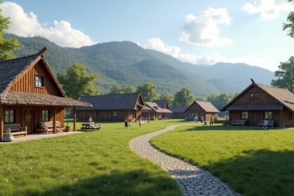 Szabadtéri múzeum Kongsbergben, régi parasztházak és hegyek környezetében.