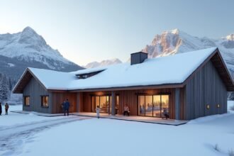 Kongsberg sí múzeum modern épülete a havas tájban.