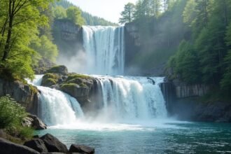 A Korona-vízesés panorámája Kongsbergben, Norvégiában.