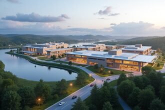 Kongsberg Technológiai Park - modern épületek a vízparton