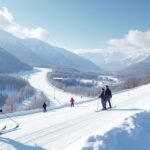 Síelők a Kongsberg-i sípályán Norvégiában, gyönyörű hegyek között.