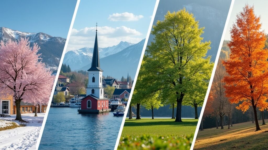 Kongsberg különböző évszakai, tavaszi virágok és őszi falevelek