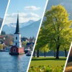 Kongsberg különböző évszakai, tavaszi virágok és őszi falevelek