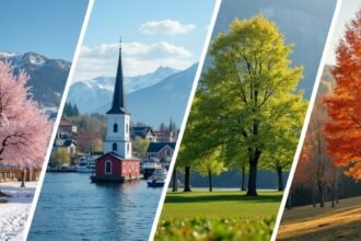 Kongsberg különböző évszakai, tavaszi virágok és őszi falevelek