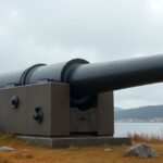 Az Adolf-ágyú Harstad városában, háttérben a fjord látványa.