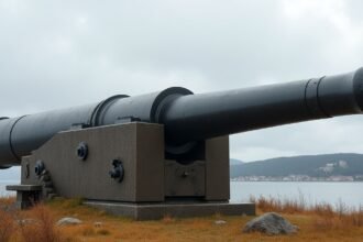 Az Adolf-ágyú Harstad városában, háttérben a fjord látványa.