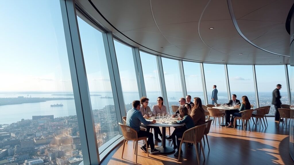 A Tyholt-torony forgó éttermében étkező vendégek és panoráma Trondheimre.