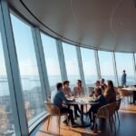 A Tyholt-torony forgó éttermében étkező vendégek és panoráma Trondheimre.