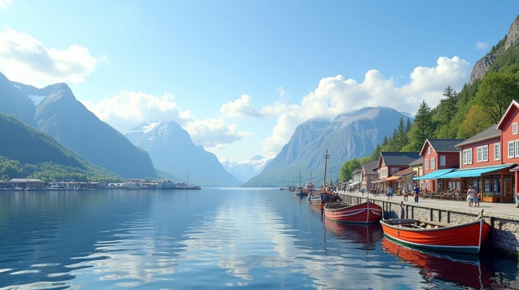 Harstad kikötői sétány panorámája halászházakkal és hegyekkel
