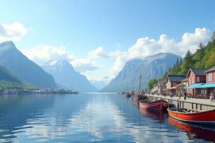 Harstad kikötői sétány panorámája halászházakkal és hegyekkel
