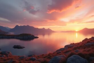 Varázslatos naplemente Nupenben, Harstad közelében Norvégiában