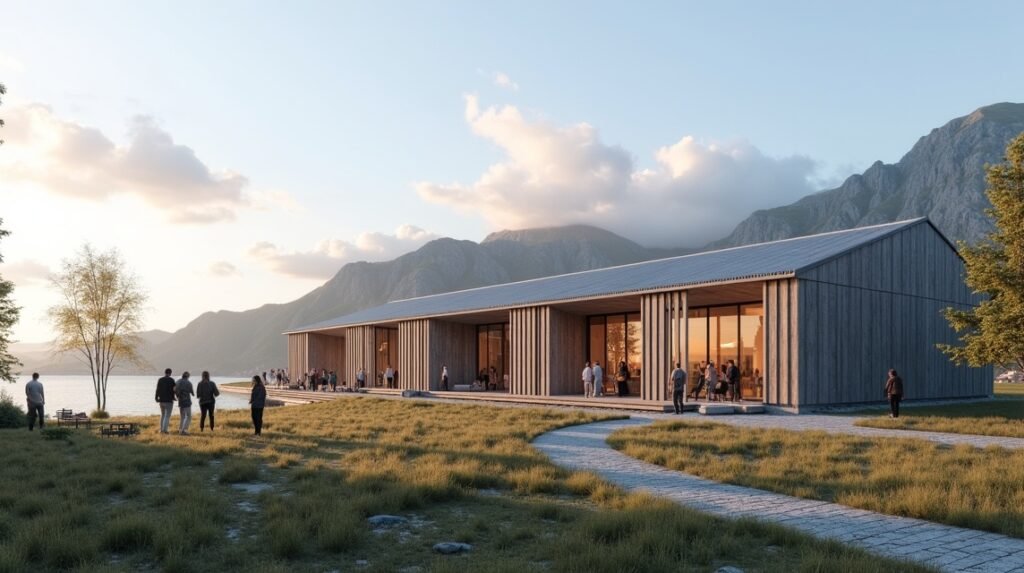 A Harstad Kulturális Ház látképe Északi Norvégiában, látogatók körében.