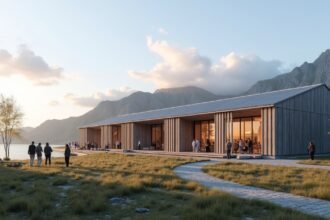 A Harstad Kulturális Ház látképe Északi Norvégiában, látogatók körében.