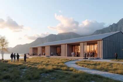 A Harstad Kulturális Ház látképe Északi Norvégiában, látogatók körében.