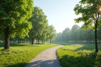 Gyönyörű sétaút a Folkeparken parkban Harstadban, Norvégiában.