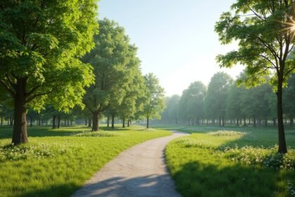 Gyönyörű sétaút a Folkeparken parkban Harstadban, Norvégiában.