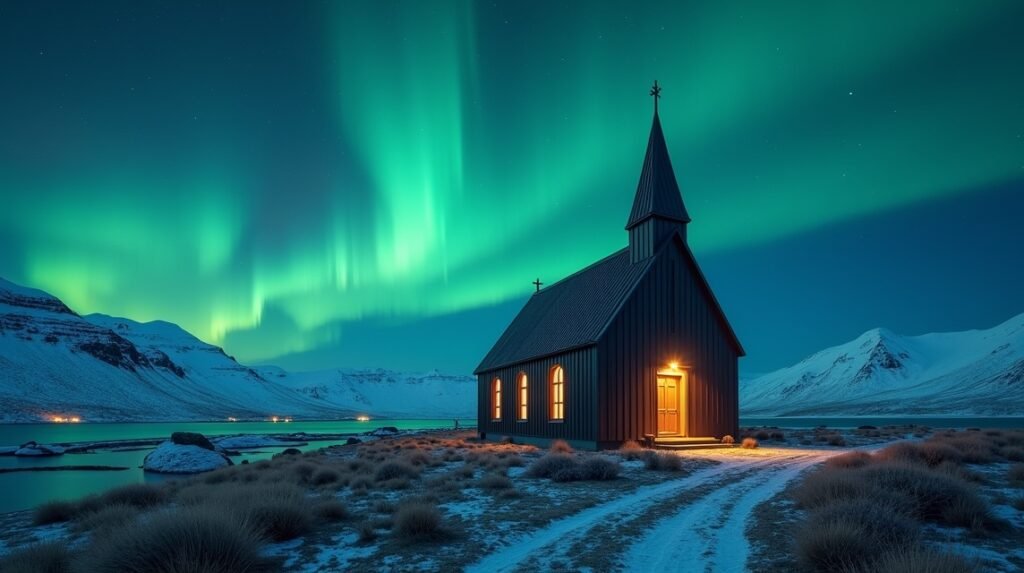 Harstad templom az északi fény alatt Észak-Norvégiában