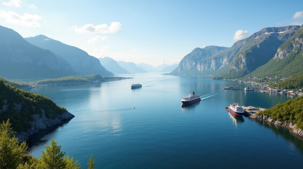Panoráma Harstad közelében, hajók a fjordban, lenyűgöző természeti táj