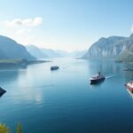 Panoráma Harstad közelében, hajók a fjordban, lenyűgöző természeti táj