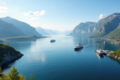 Panoráma Harstad közelében, hajók a fjordban, lenyűgöző természeti táj