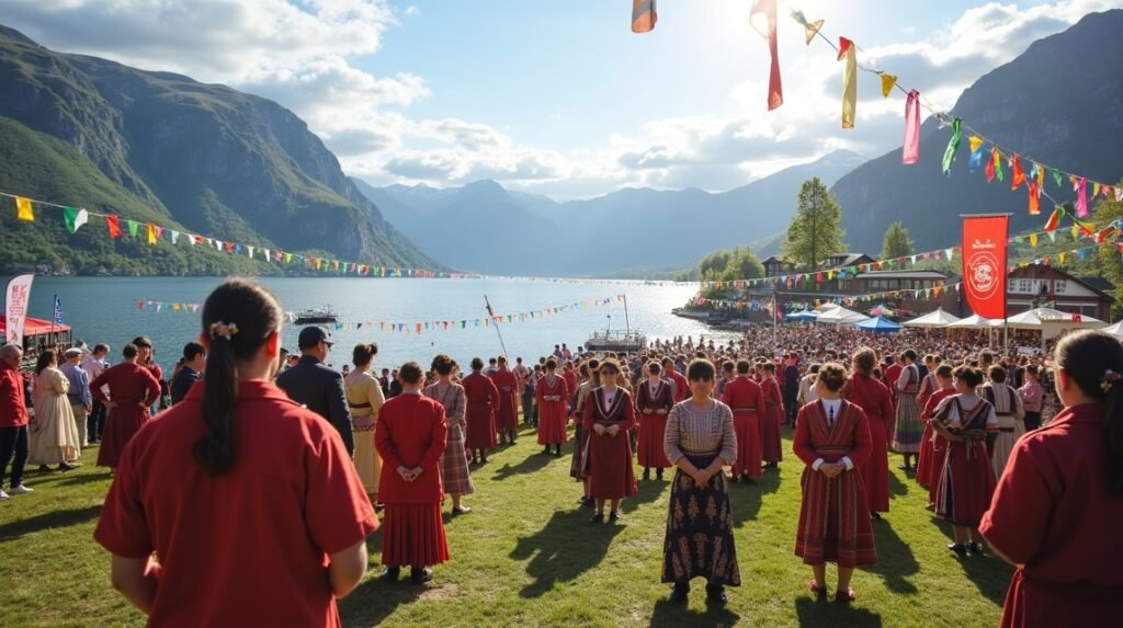 Harstad fesztivál északi tájak, hagyományos öltözetben álló emberek.