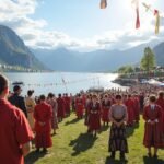 Harstad fesztivál északi tájak, hagyományos öltözetben álló emberek.