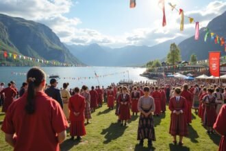 Harstad fesztivál északi tájak, hagyományos öltözetben álló emberek.