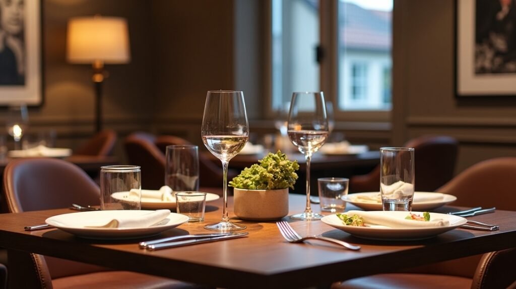 Elegáns étterem Harstadban, gourmet étkezéshez berendezve.