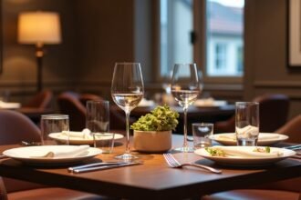 Elegáns étterem Harstadban, gourmet étkezéshez berendezve.